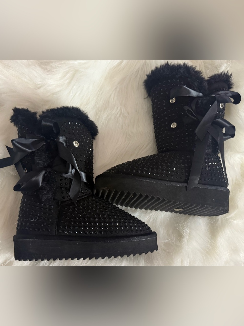 Black Crystal Studded Fur-Trim Winter Boots